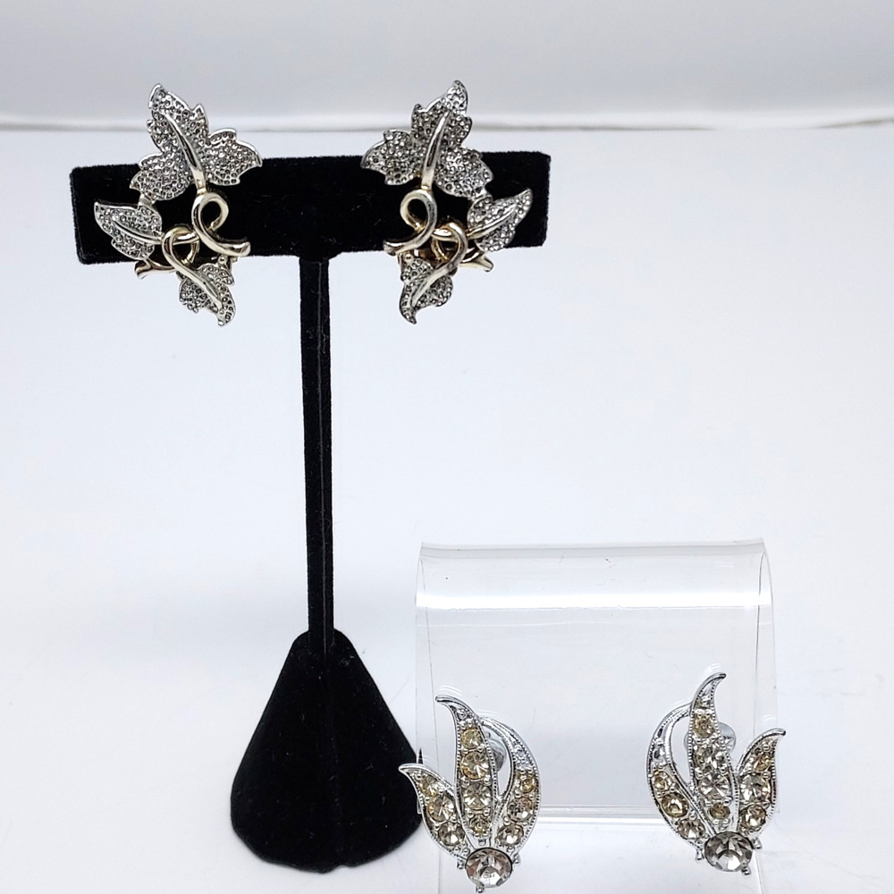 Vintage Rhinestone Earrings Lot 2 Pairs Sarah Coventry Grapevine Leaves Signed